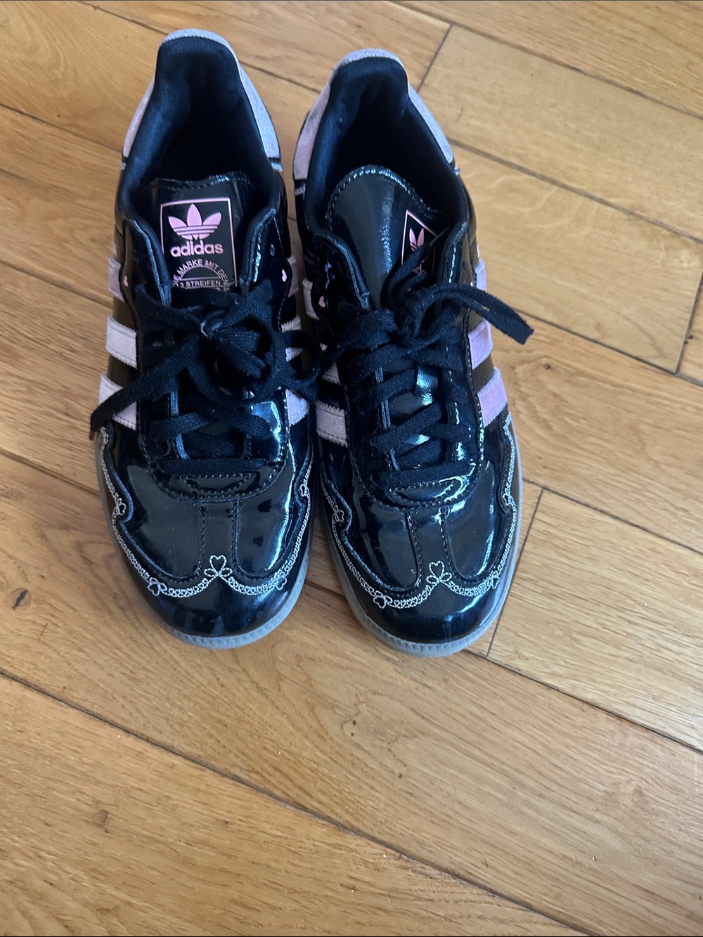 adidas Kids Black Patent Sneakers with Pink Stripes